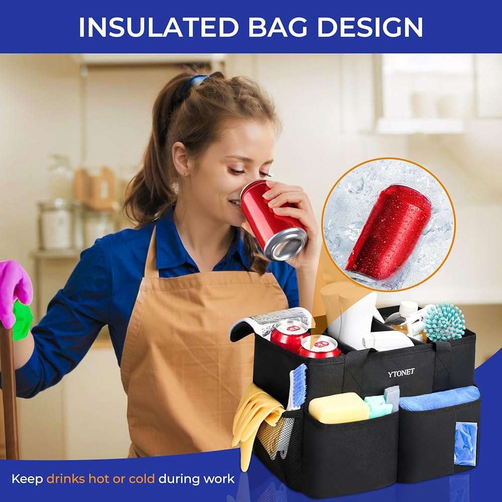 Ytonet Cleaning Caddy, Water Resistant Cleaning Supplies Organizer with Handle & Foldable Divider for Cleaners, Housekeeping Tote for Kitchen & Bathroom, Car Tool Caddy Organizer Bag, Black - Image 4