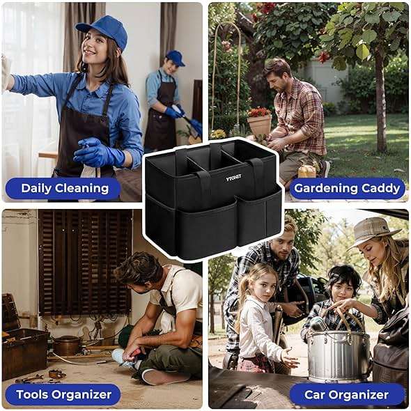 Ytonet Cleaning Caddy, Water Resistant Cleaning Supplies Organizer with Handle & Foldable Divider for Cleaners, Housekeeping Tote for Kitchen & Bathroom, Car Tool Caddy Organizer Bag, Black - Image 5