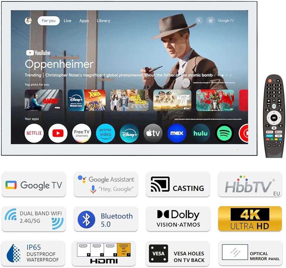 Soulaca 43 inches Large 4K Waterproof Smart Mirror TV for Bathroom & SPA, IPX6 Goo-gle TV, Wi-Fi, Bluetooth, DTV Tuner, Vanishing Display - Image 2