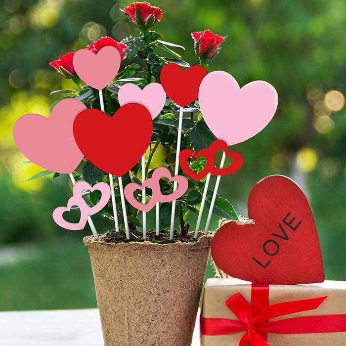 MorningRo 9 Pcs Metal Heart Planter Stakes Valentine's Day Hollow Heart Planter Stakes Valentine's Day Outdoor Decorations for Valentine's Anniversary Wedding Party (Sweet Color) - Image 1