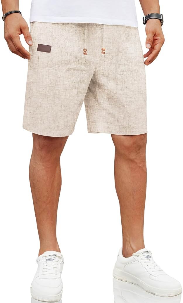 COOFANDY Mens Casual Linen Shorts Elastic Waist Drawstring Loose Fit Summer Beach Vacation Shorts with Pockets - Product Image