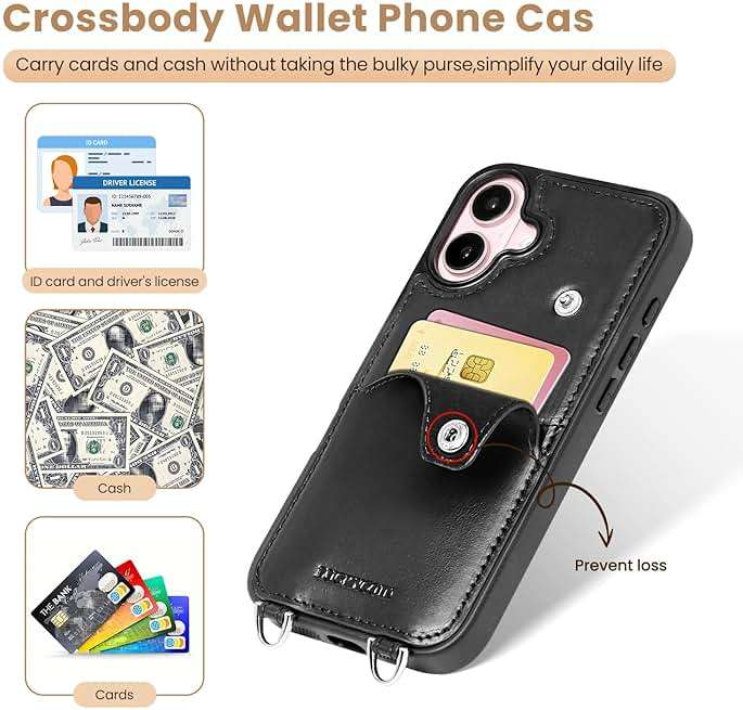 LUCKYCOIN Crossbody Wallet Purse Case for iPhone 16,Genuine Leather Drop-Protection Phone Case for Women with Expandable Card Holder & Adjustable Strap,Hands-Free for Travel & Daily Use -Black - Image 2