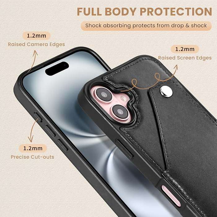 LUCKYCOIN Crossbody Wallet Purse Case for iPhone 16,Genuine Leather Drop-Protection Phone Case for Women with Expandable Card Holder & Adjustable Strap,Hands-Free for Travel & Daily Use -Black - Image 3
