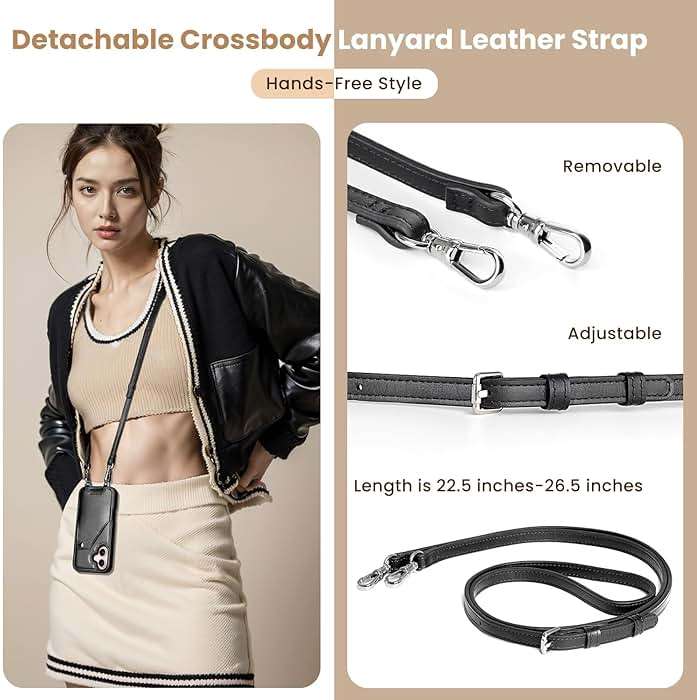 LUCKYCOIN Crossbody Wallet Purse Case for iPhone 16,Genuine Leather Drop-Protection Phone Case for Women with Expandable Card Holder & Adjustable Strap,Hands-Free for Travel & Daily Use -Black - Image 4