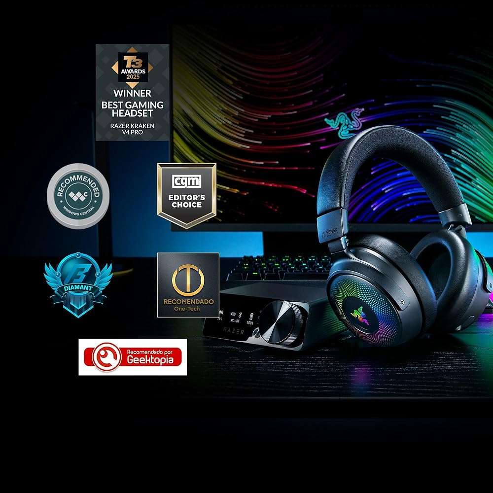 Razer Kraken V4 Pro Wireless Gaming Headset: OLED Control Hub - HD Haptics - 2.4GHz Wireless - Bluetooth - USB - 3.5 mm - Super Wideband Mic - For PC, Mac, PS5, Nintendo Switch, Steam Deck, Smartphone - Image 2
