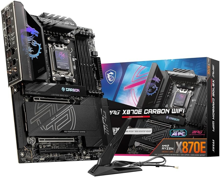 MSI MPG X870E Carbon WiFi Gaming Motherboard (AMD Ryzen 9000/8000/7000 Series Processors, AM5, DDR5, PCIe 5.0, M.2 Gen5, SATA 6Gb/s, USB 40Gbps, HDMI, Wi-Fi 7, Bluetooth 5.4, 5Gbps LAN, ATX) - Product Image