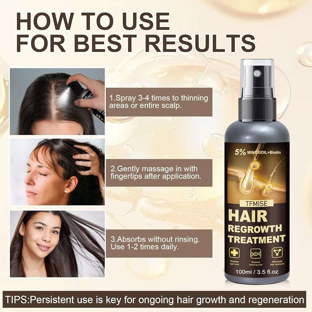 Minoxidil Spray - 5% Minoxidil for Men, Minoxidil for Women Hair Growth Products, Extra Strength Hair Regrowth Devices with Biotin, Help to Stop Loss Hair Unscented Light and non Greasy 3.38 Fl.OZ - Image 5