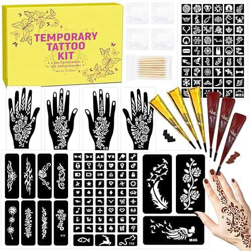 MuseLuxe 126 PCS Temporary Tattoos Stencils Kit,Temporary Tattoos Kit - 6 Pcs 2 Color(Brown Black) Ink with Gloves,DIY Body Art Painting for Women Men Adults Kids - Image 1