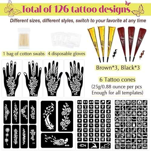 MuseLuxe 126 PCS Temporary Tattoos Stencils Kit,Temporary Tattoos Kit - 6 Pcs 2 Color(Brown Black) Ink with Gloves,DIY Body Art Painting for Women Men Adults Kids - Image 2