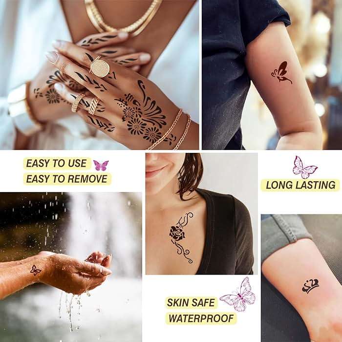 MuseLuxe 126 PCS Temporary Tattoos Stencils Kit,Temporary Tattoos Kit - 6 Pcs 2 Color(Brown Black) Ink with Gloves,DIY Body Art Painting for Women Men Adults Kids - Image 3