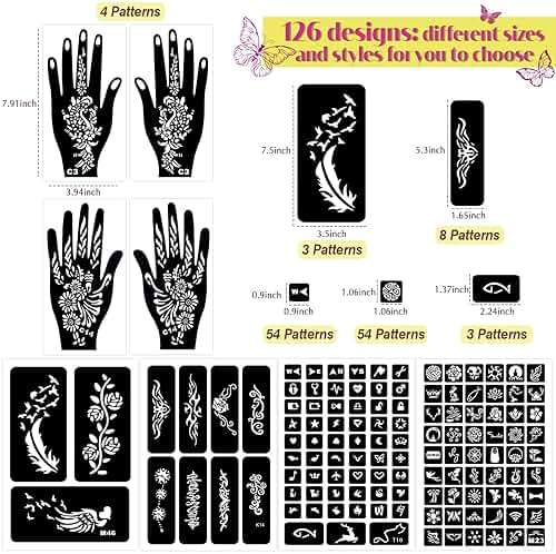 MuseLuxe 126 PCS Temporary Tattoos Stencils Kit,Temporary Tattoos Kit - 6 Pcs 2 Color(Brown Black) Ink with Gloves,DIY Body Art Painting for Women Men Adults Kids - Image 7