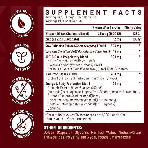 DHT Blocker for Men | Hair Growth Supplement with Saw Palmetto & Biotin - Hair Growth Vitamins - Hair Regrowth - Natural Hair Loss Supplements Liquid-Filled - Proprietary Herbal Blends (180 Capsules) - Image 2