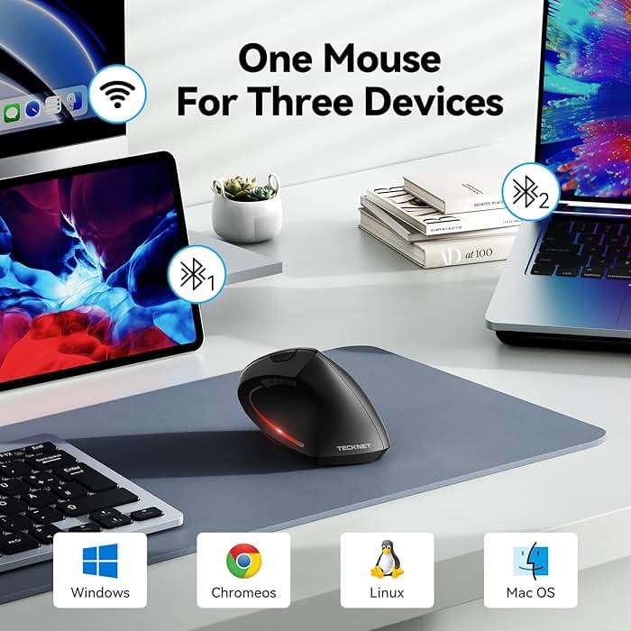 TECKNET Ergonomic Mouse, Wireless Bluetooth Vertical Mouse, 4800 DPI Optical Tracking, 6 Adjustable DPI, Quiet Clicks, 2.4GHz with USB A Receiver, 12 Months Battery, 6 Buttons, Wide Compatibility - Image 2