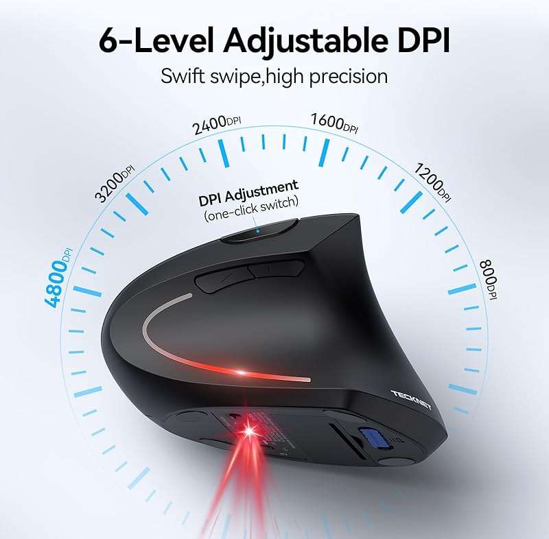 TECKNET Ergonomic Mouse, Wireless Bluetooth Vertical Mouse, 4800 DPI Optical Tracking, 6 Adjustable DPI, Quiet Clicks, 2.4GHz with USB A Receiver, 12 Months Battery, 6 Buttons, Wide Compatibility - Image 4