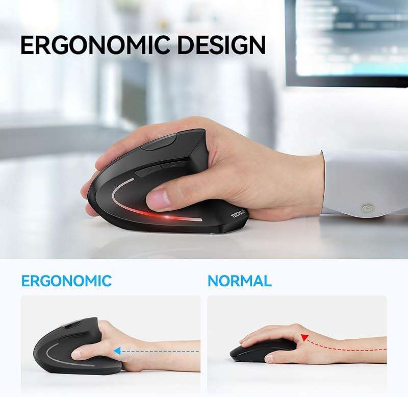 TECKNET Ergonomic Mouse, Wireless Bluetooth Vertical Mouse, 4800 DPI Optical Tracking, 6 Adjustable DPI, Quiet Clicks, 2.4GHz with USB A Receiver, 12 Months Battery, 6 Buttons, Wide Compatibility - Image 5