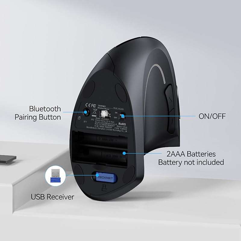 TECKNET Ergonomic Mouse, Wireless Bluetooth Vertical Mouse, 4800 DPI Optical Tracking, 6 Adjustable DPI, Quiet Clicks, 2.4GHz with USB A Receiver, 12 Months Battery, 6 Buttons, Wide Compatibility - Image 7