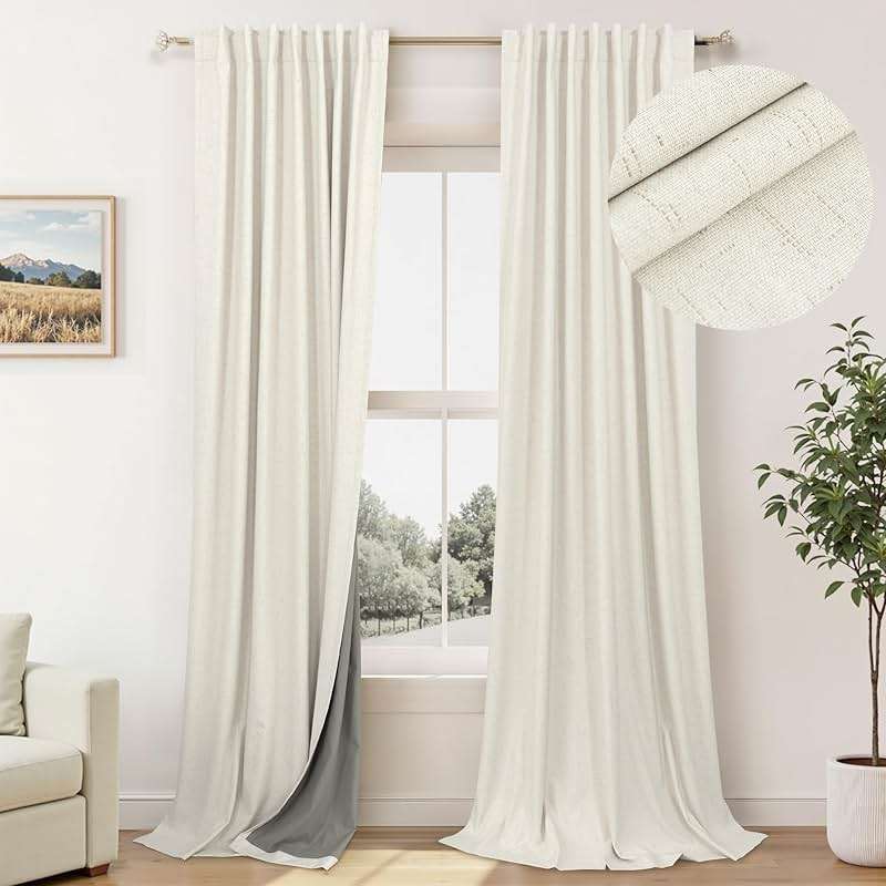 100% Blackout Curtains 84 Inch Length 2 Panels Set Neutral Boho Linen Farmhouse for Bedroom Windows Living Room Darkening Thermal Insulated Drapes Natural Cream Ivory 7ft Long Back Tab Pleated Pocket - Image 1
