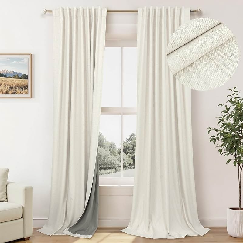 100% Blackout Curtains 84 Inch Length 2 Panels Set Neutral Boho Linen Farmhouse for Bedroom Windows Living Room Darkening Thermal Insulated Drapes Natural Cream Ivory 7ft Long Back Tab Pleated Pocket - Product Image