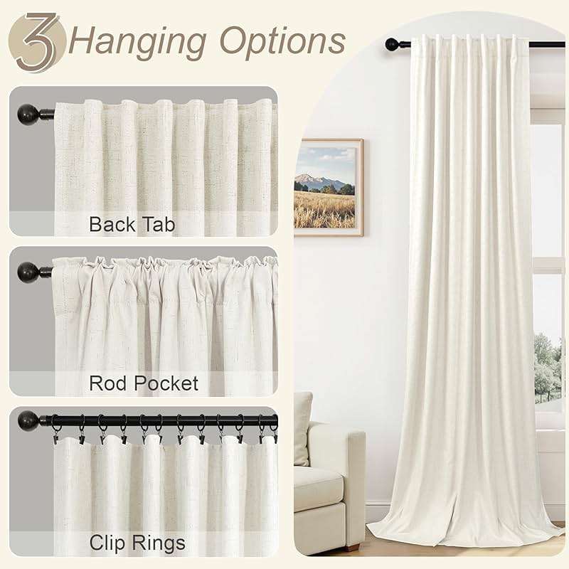100% Blackout Curtains 84 Inch Length 2 Panels Set Neutral Boho Linen Farmhouse for Bedroom Windows Living Room Darkening Thermal Insulated Drapes Natural Cream Ivory 7ft Long Back Tab Pleated Pocket - Image 6