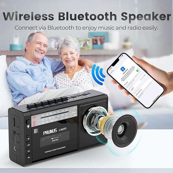 PRUNUS J-360 Cassette Tape Player Boombox with Solar/Rechargeable Battery Operated,AM FM Portable Radio,Bluetooth Tape Player Recorder,AUX/TF/USB Drive, Headphone Jack,Tape Recorder Cassette Player - Image 4