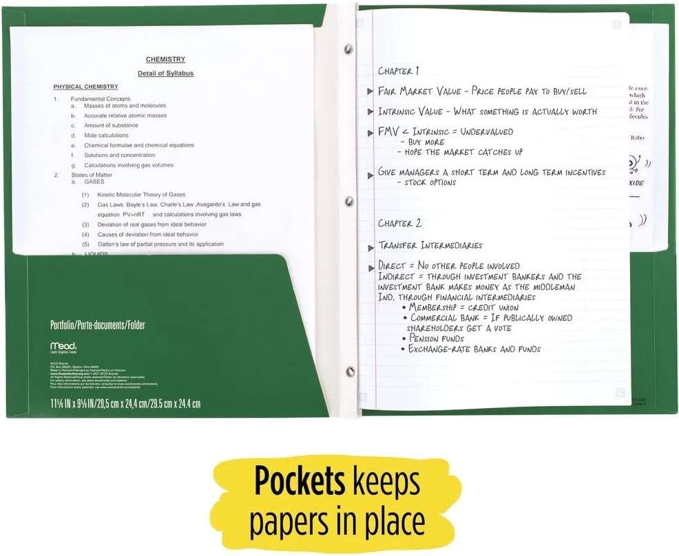 Five Star Paper Folder - 2 Pocket & 3 Prong Folder for Letter-Sized Papers (Forest Green) - Image 4
