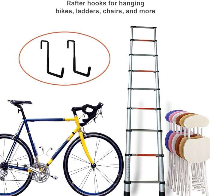 Gueryee Rafter Hanger Hook 2 Pcs, Large S Hooks, Upgraded Fence Hangers, Ladder and Bike Hanging Hooks for Storage, Heavy Duty Garage Utility Rafter Hook for Hanging Hose, Plants, Chairs and More - Image 5