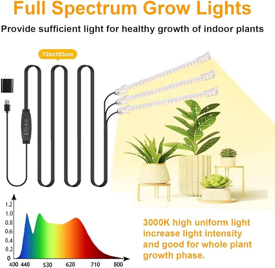 LED Grow Light Strips, Grow Lights for Indoor Plants Full Spectrum 3000K, Plant Light Bar with 3/9/12H Timer, 10 Dimmable Levels for Seedling Succulent,Best Match for Plant Shelf(3 Head×2 Pack) - Image 2