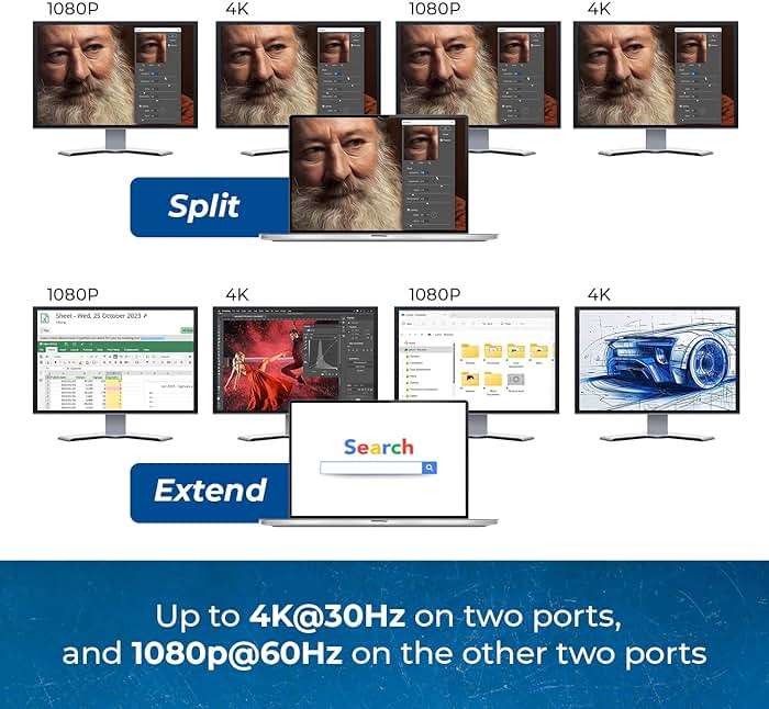 OREI SplitExtend HDMI Splitter Extended Display for Quad Monitor - Laptop Multiple Monitor Adapter with 4 Displays - USB-C to HDMI Adapter, 2X 4K@30Hz & 2X 1080p - Drivers Required - Windows/Mac - Image 4