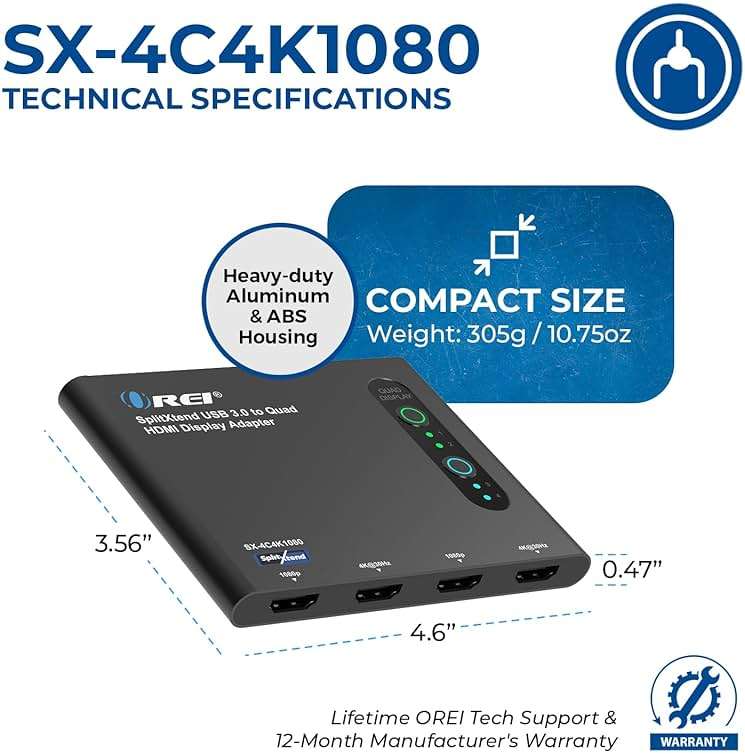 OREI SplitExtend HDMI Splitter Extended Display for Quad Monitor - Laptop Multiple Monitor Adapter with 4 Displays - USB-C to HDMI Adapter, 2X 4K@30Hz & 2X 1080p - Drivers Required - Windows/Mac - Image 5