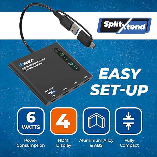 OREI SplitExtend HDMI Splitter Extended Display for Quad Monitor - Laptop Multiple Monitor Adapter with 4 Displays - USB-C to HDMI Adapter, 2X 4K@30Hz & 2X 1080p - Drivers Required - Windows/Mac - Image 7