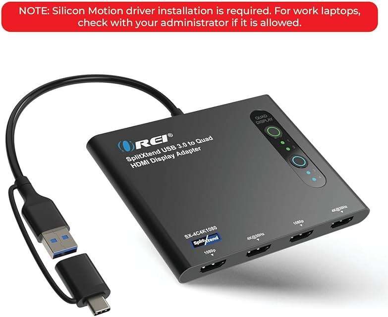 OREI SplitExtend HDMI Splitter Extended Display for Quad Monitor - Laptop Multiple Monitor Adapter with 4 Displays - USB-C to HDMI Adapter, 2X 4K@30Hz & 2X 1080p - Drivers Required - Windows/Mac - Image 8
