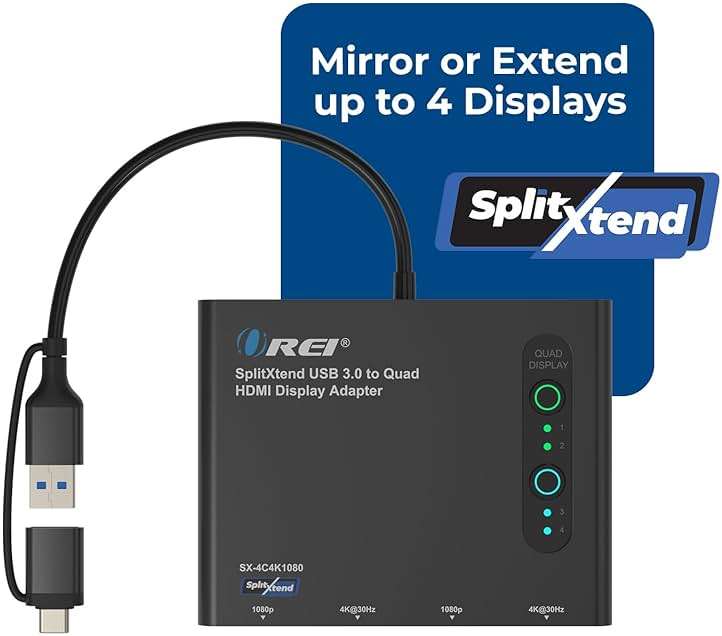 OREI SplitExtend HDMI Splitter Extended Display for Quad Monitor - Laptop Multiple Monitor Adapter with 4 Displays - USB-C to HDMI Adapter, 2X 4K@30Hz & 2X 1080p - Drivers Required - Windows/Mac - Image 9