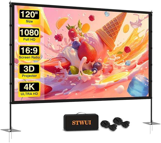 Outdoor-Projector-Screen-with-Stand - 120 inch Portable Projector Screen Indoor Outdoor Projector Screens 16:9 4K HD Lightweight Movie Screen with Carry Bag for Backyard Movie Night - Image 1