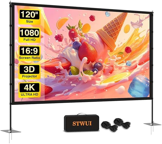 Outdoor-Projector-Screen-with-Stand - 120 inch Portable Projector Screen Indoor Outdoor Projector Screens 16:9 4K HD Lightweight Movie Screen with Carry Bag for Backyard Movie Night - Product Image