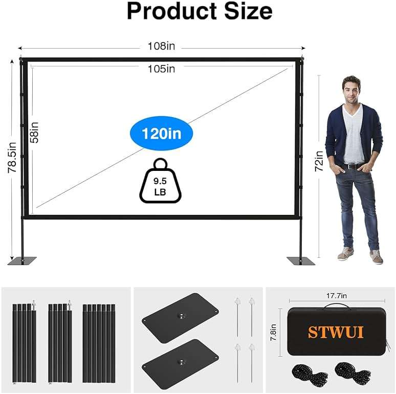 Outdoor-Projector-Screen-with-Stand - 120 inch Portable Projector Screen Indoor Outdoor Projector Screens 16:9 4K HD Lightweight Movie Screen with Carry Bag for Backyard Movie Night - Image 6