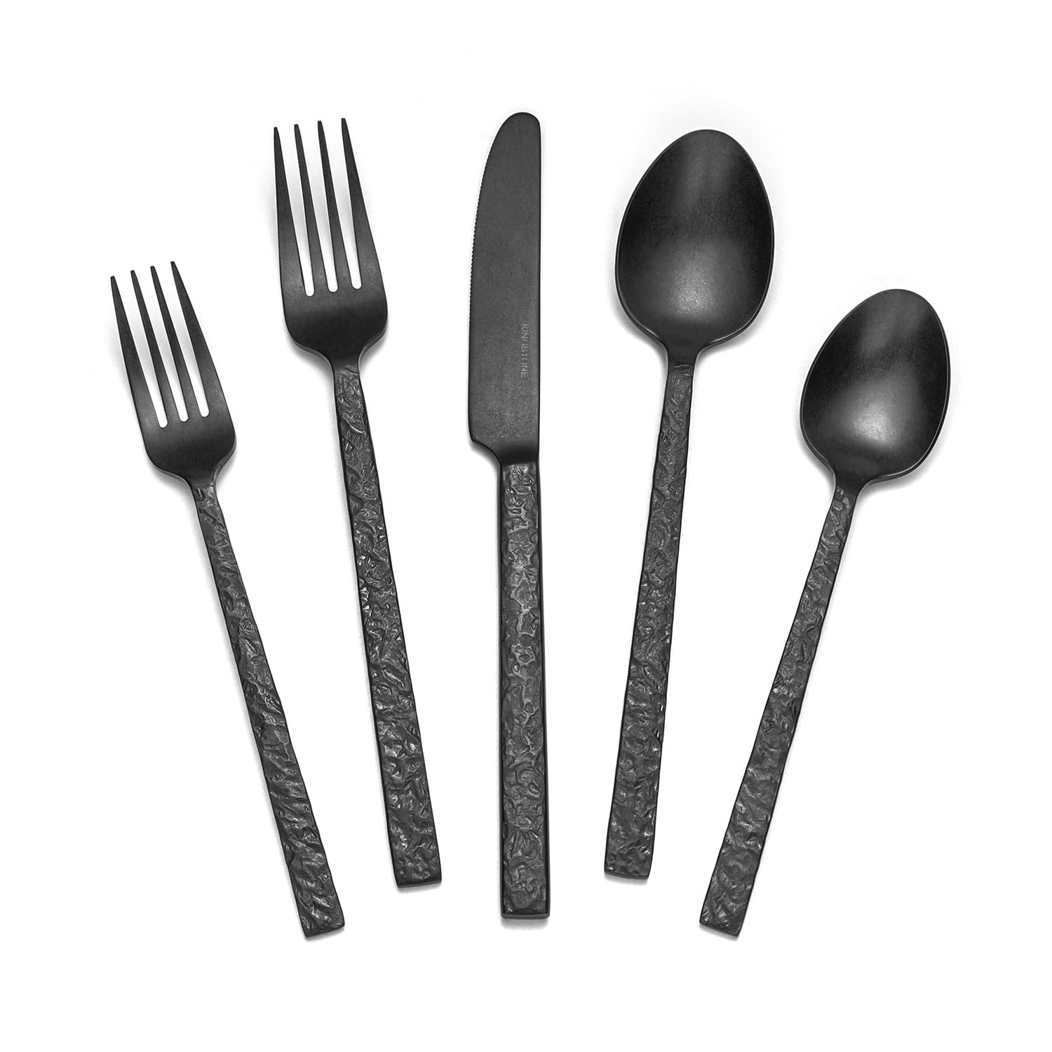 KINGSTONE 40 Pcs Black Hammered Silverware Set for 8, 18/10 Stainless Steel Heavy Duty Flatware Set, Tableware Cutlery Utensil Sets for Home Restaurant Dishwasher Safe - Product Image
