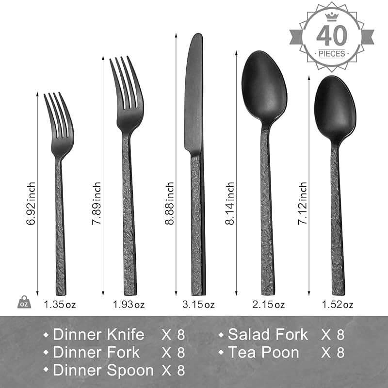KINGSTONE 40 Pcs Black Hammered Silverware Set for 8, 18/10 Stainless Steel Heavy Duty Flatware Set, Tableware Cutlery Utensil Sets for Home Restaurant Dishwasher Safe - Image 3