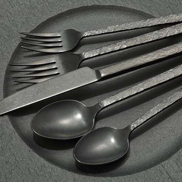KINGSTONE 40 Pcs Black Hammered Silverware Set for 8, 18/10 Stainless Steel Heavy Duty Flatware Set, Tableware Cutlery Utensil Sets for Home Restaurant Dishwasher Safe - Image 5