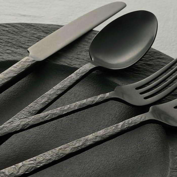 KINGSTONE 40 Pcs Black Hammered Silverware Set for 8, 18/10 Stainless Steel Heavy Duty Flatware Set, Tableware Cutlery Utensil Sets for Home Restaurant Dishwasher Safe - Image 6