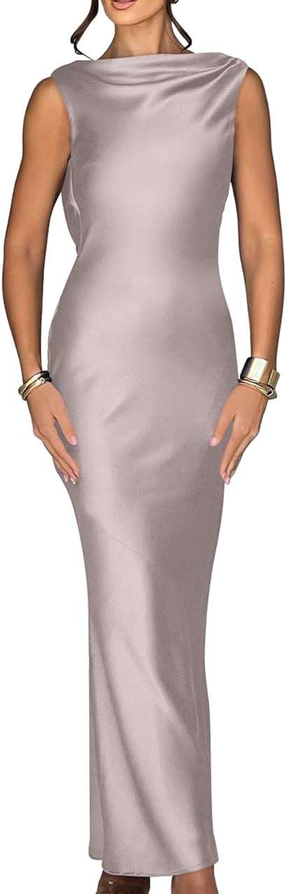 Memoriesea Women's Elegant Sleeveless High Neck Tie Cocktail Wedding Party Maxi Dress - Image 1