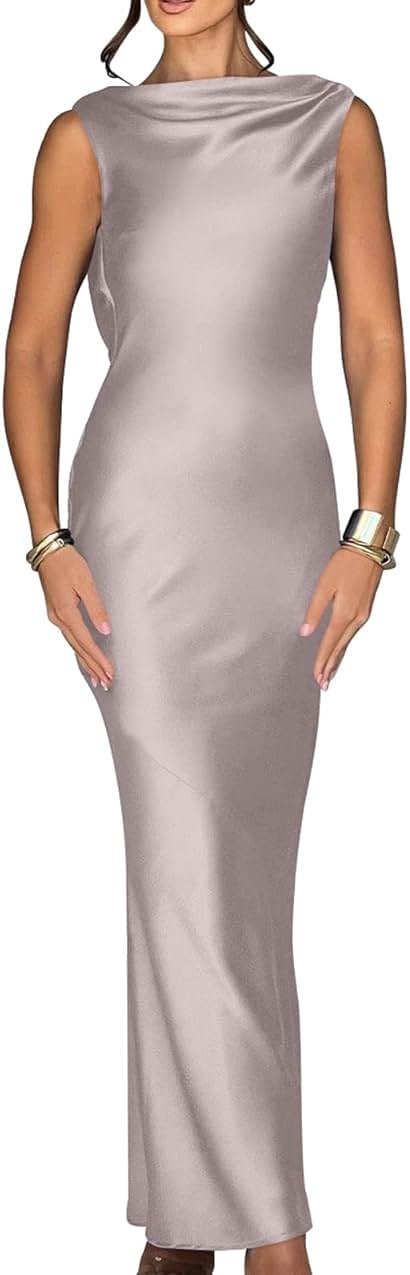 Memoriesea Women's Elegant Sleeveless High Neck Tie Cocktail Wedding Party Maxi Dress - Product Image