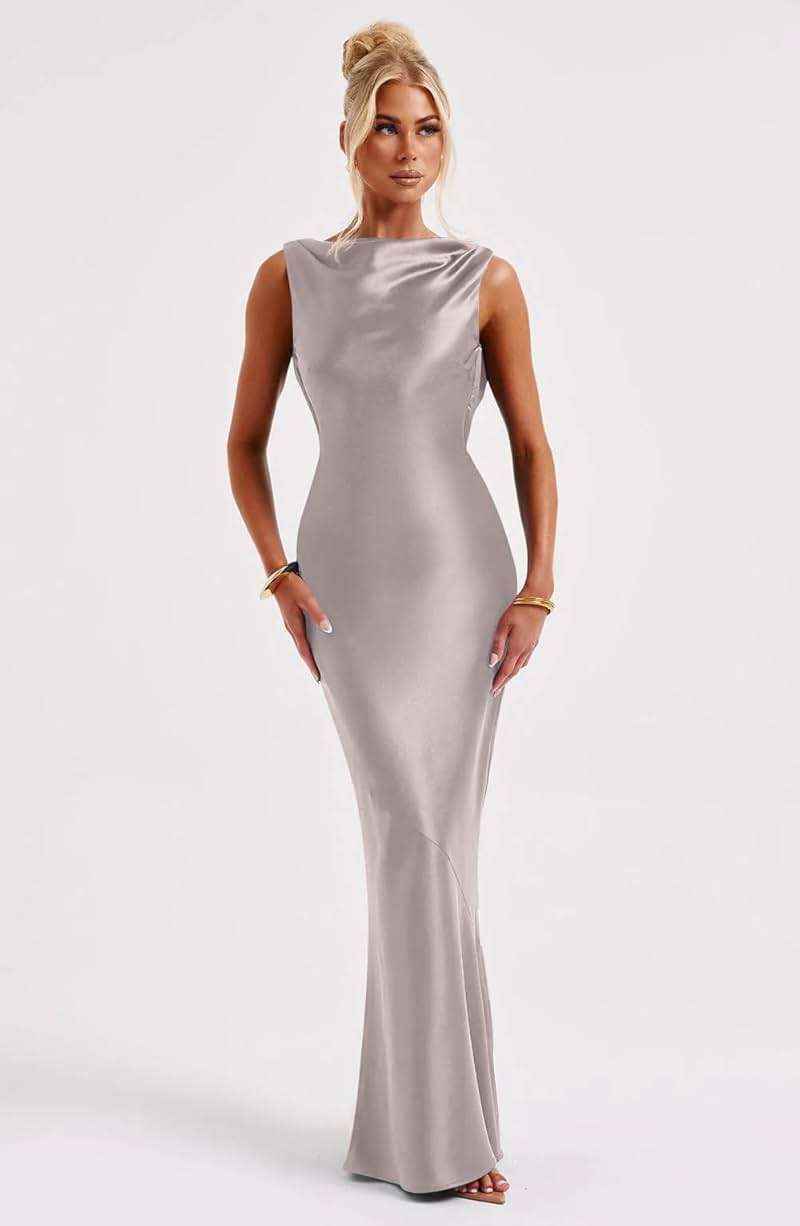 Memoriesea Women's Elegant Sleeveless High Neck Tie Cocktail Wedding Party Maxi Dress - Image 2