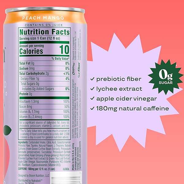 Bloom Nutrition Sparkling Energy Drink - Natural Caffeine, Zero Sugar, 180mg Caffeine - Antioxidant-Rich w/Green Coffee Bean, Green Tea Extract, Prebiotics - 12oz 12 pk - Image 2