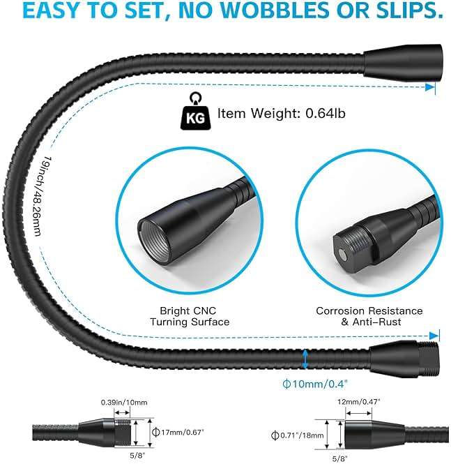 ZealSound Upgraded Metal Hose Arm, 19 inch Flexible Gooseneck Stand, Heavy Duty Extension for Microphone, Mic Floor Stand, Phone Holder, Makeup Mirror, 5/8" Thread - Image 2