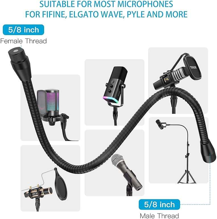 ZealSound Upgraded Metal Hose Arm, 19 inch Flexible Gooseneck Stand, Heavy Duty Extension for Microphone, Mic Floor Stand, Phone Holder, Makeup Mirror, 5/8" Thread - Image 4