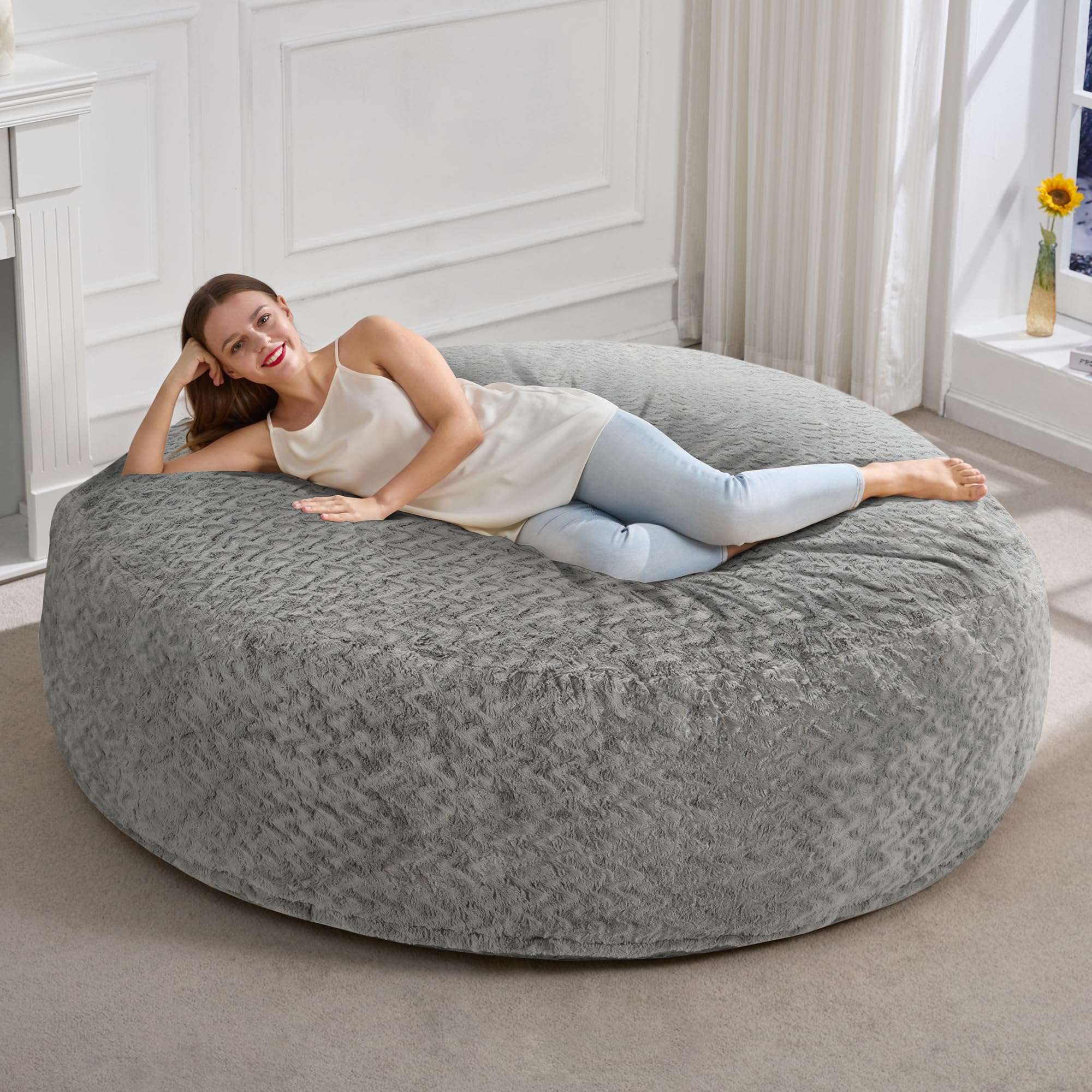 Hobestluk 6ft Bean Bag Chairs for Adults Large Beanbag Chair with Chevron Plush Fur Cover Big Bean Bag Chair for Living Room Bedroom Dorm Office - Grey (70" x 70" x 15") - Image 1