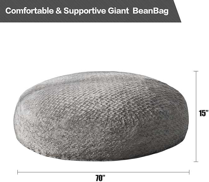 Hobestluk 6ft Bean Bag Chairs for Adults Large Beanbag Chair with Chevron Plush Fur Cover Big Bean Bag Chair for Living Room Bedroom Dorm Office - Grey (70" x 70" x 15") - Image 2