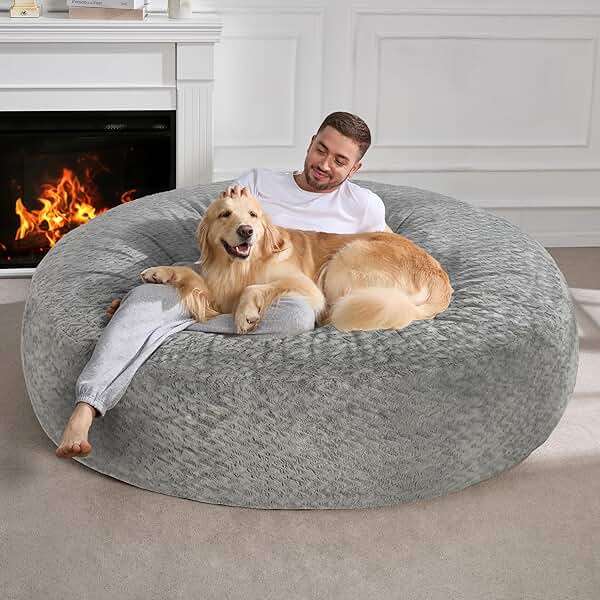 Hobestluk 6ft Bean Bag Chairs for Adults Large Beanbag Chair with Chevron Plush Fur Cover Big Bean Bag Chair for Living Room Bedroom Dorm Office - Grey (70" x 70" x 15") - Image 3
