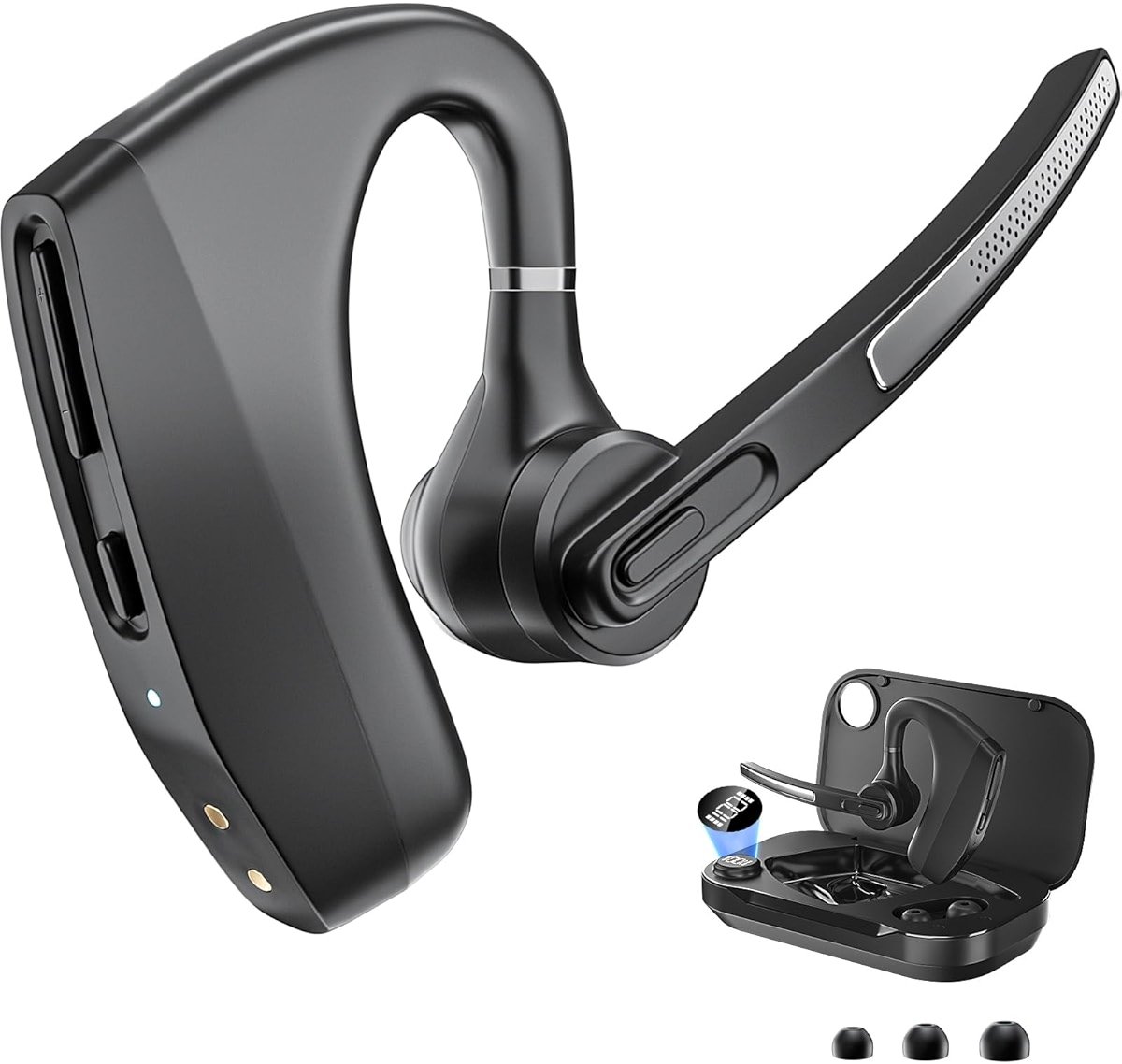 Herloreen Bluetooth Headset with Mic for Work, Wireless Earpiece for PC Laptop and Phone, Noise Canceling Mic, 48H Talk Time, Charging Case, for Call Center, Remote Work, Trucker - Product Image