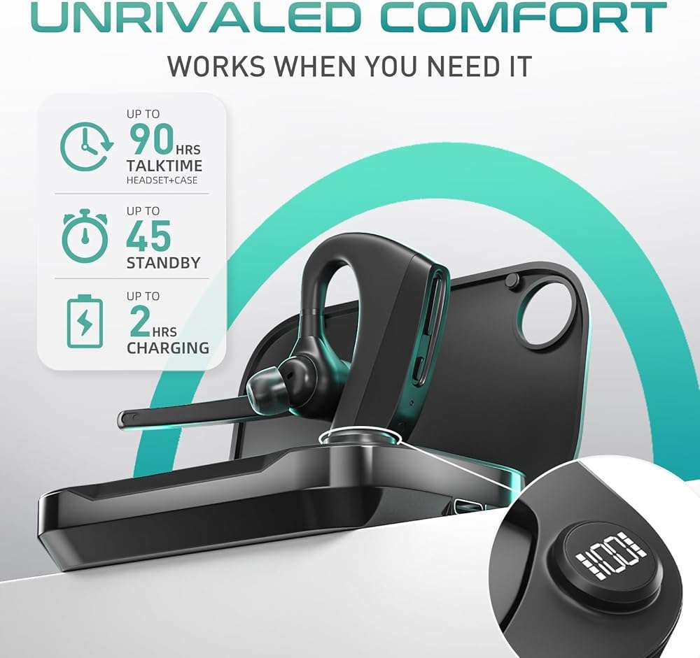 Herloreen Bluetooth Headset with Mic for Work, Wireless Earpiece for PC Laptop and Phone, Noise Canceling Mic, 48H Talk Time, Charging Case, for Call Center, Remote Work, Trucker - Image 6